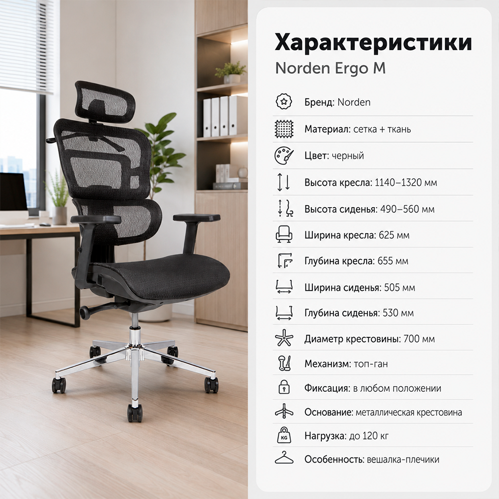 Кресло офисное Norden Ergo M (Сетка черная)