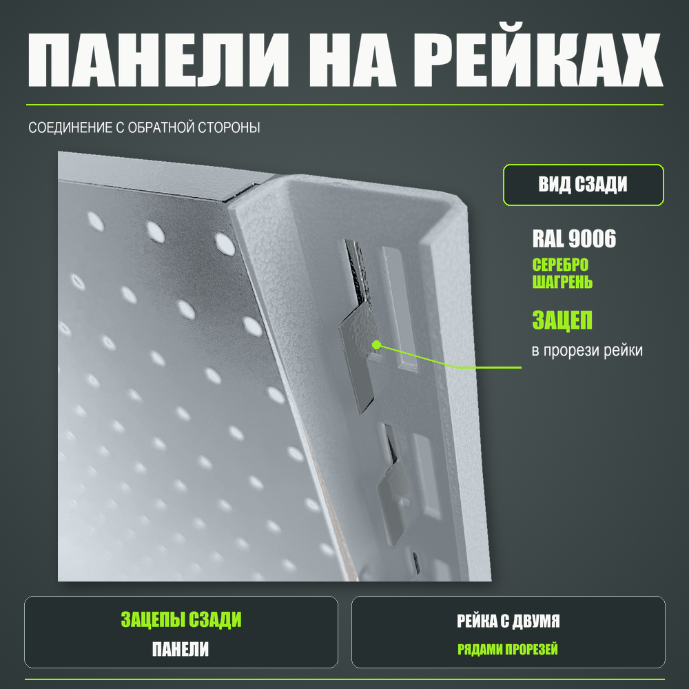 Набор перфопанелей с рейками 1000×1800 h цвет RAL 9006 серебро шагрень