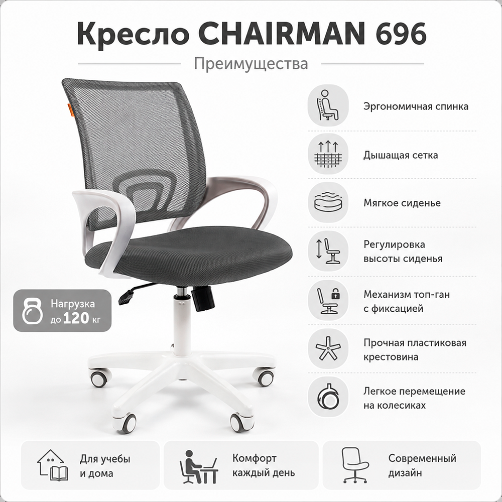 Кресло детское CHAIRMAN 696 белый пластик, ткань ТВ-04 серый