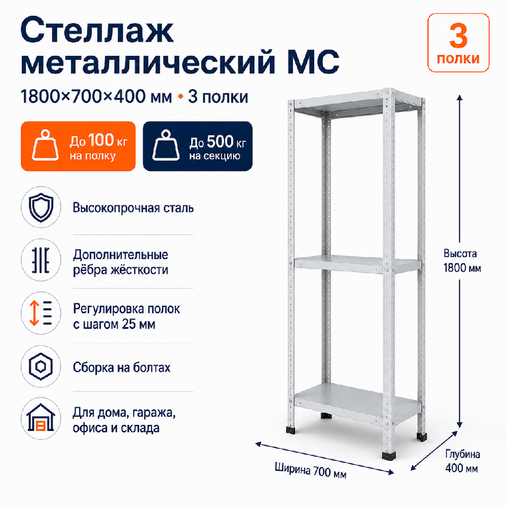 Стеллаж для дома MC-100 1800*700*400(3 полки)