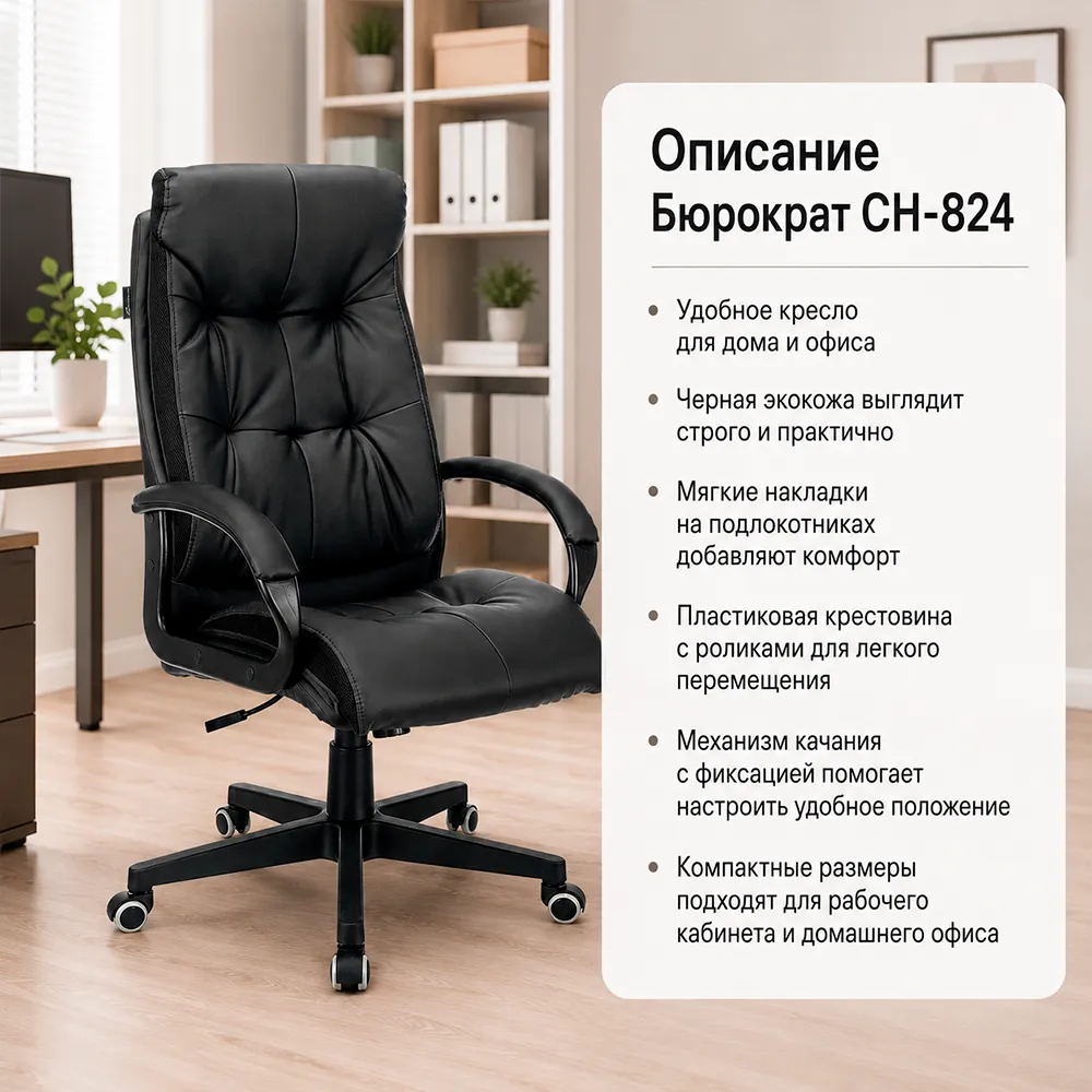 Кресло компьютерное Бюрократ CH-824 черный экокожа крестов. пластик