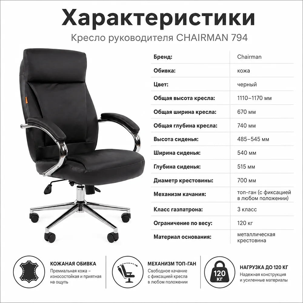 Кресло руководителя CHAIRMAN 794 (кожа черная)