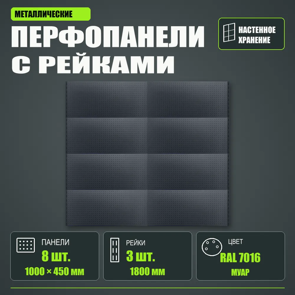 Набор перфопанелей с рейками 2000×1800 h цвет RAL 7016 муар
