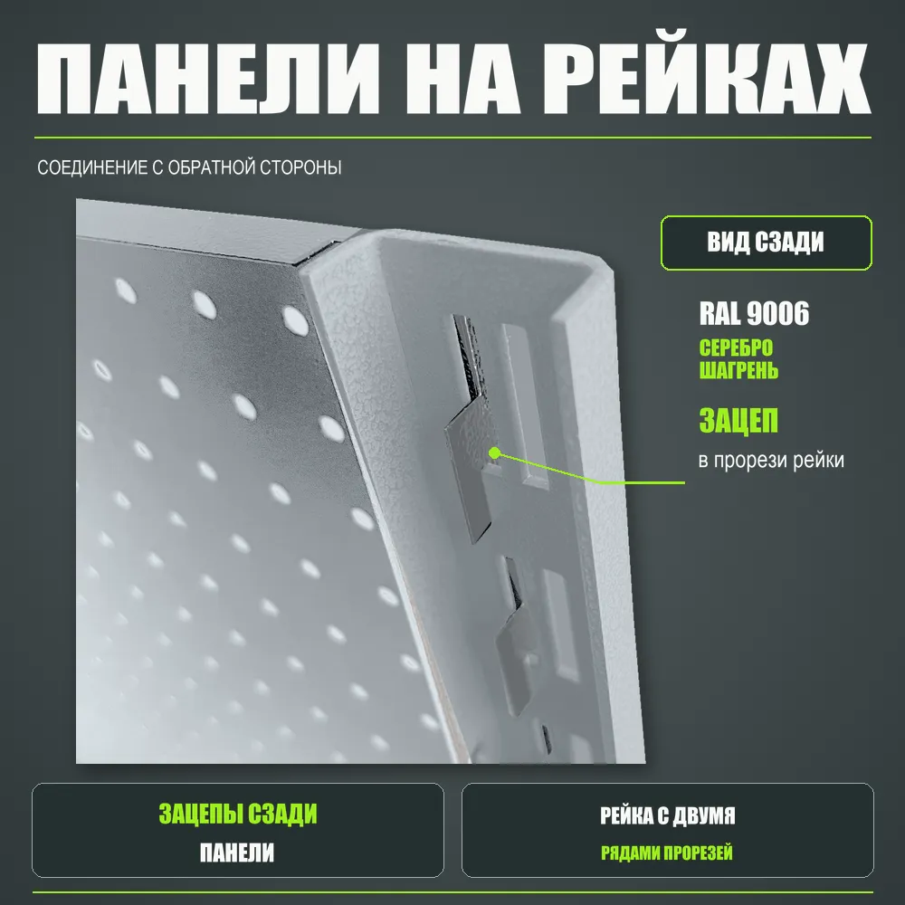 Набор перфопанелей с рейками 2000×900 h цвет RAL 9006 серебро шагрень