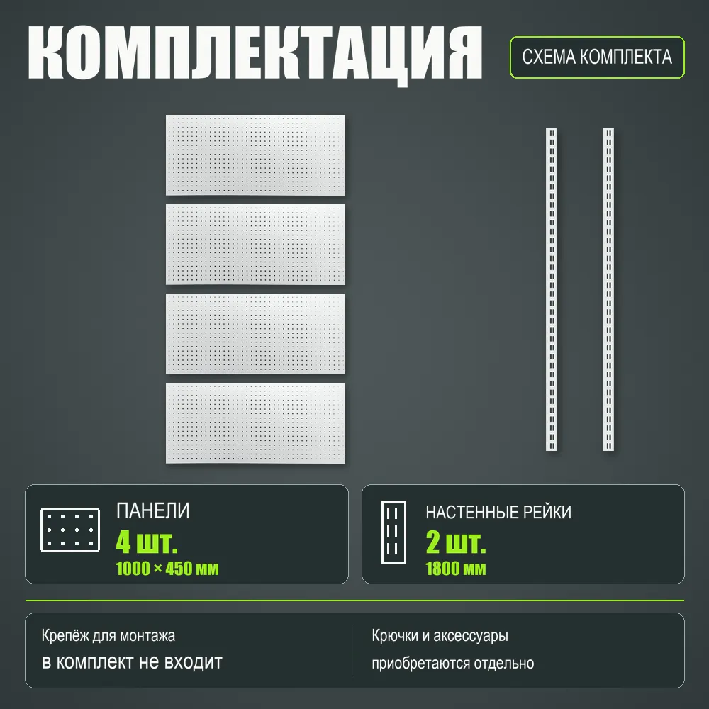 Набор перфопанелей с рейками 1000×1800 h цвет RAL 9016 белый глянец