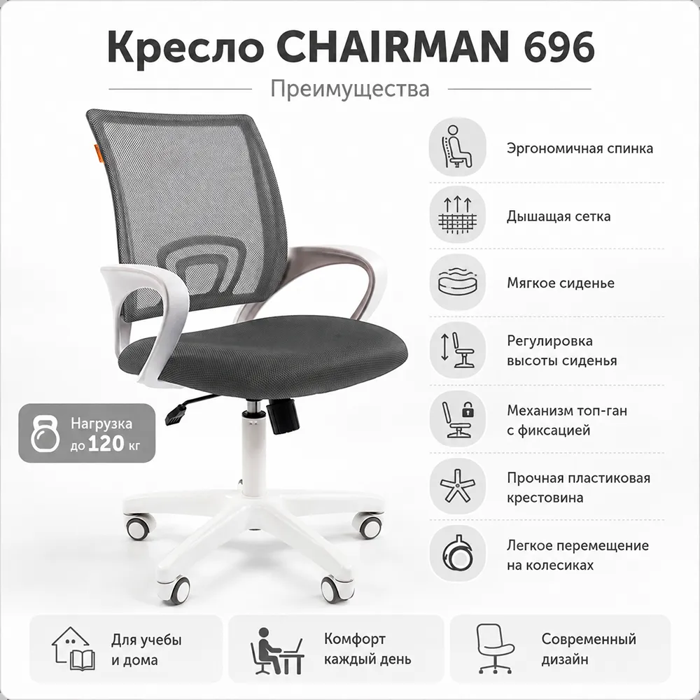 Кресло детское CHAIRMAN 696 белый пластик, ткань ТВ-04 серый