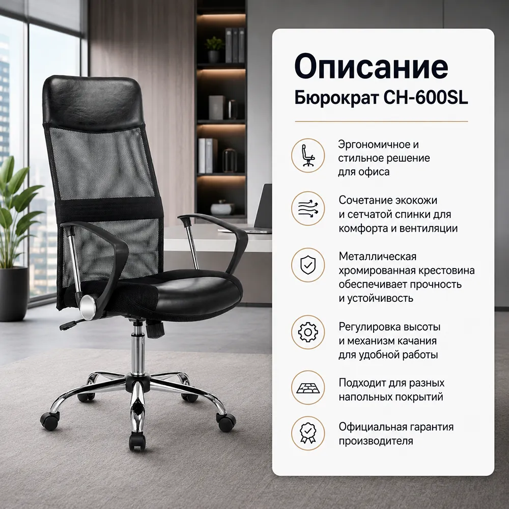 Кресло офисное Бюрократ CH-600SL черный экокожа/сетка крестов. металл хром