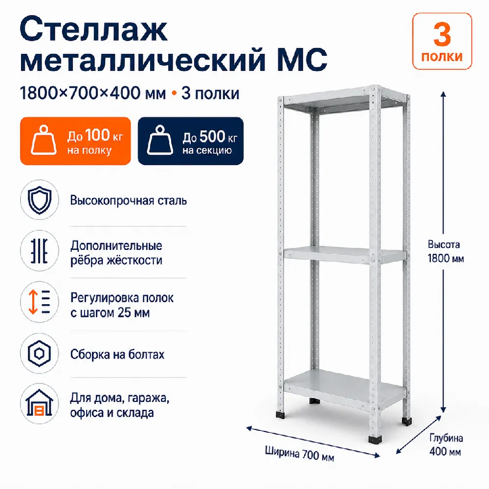 Стеллаж для дома MC-100 1800*700*400(3 полки)