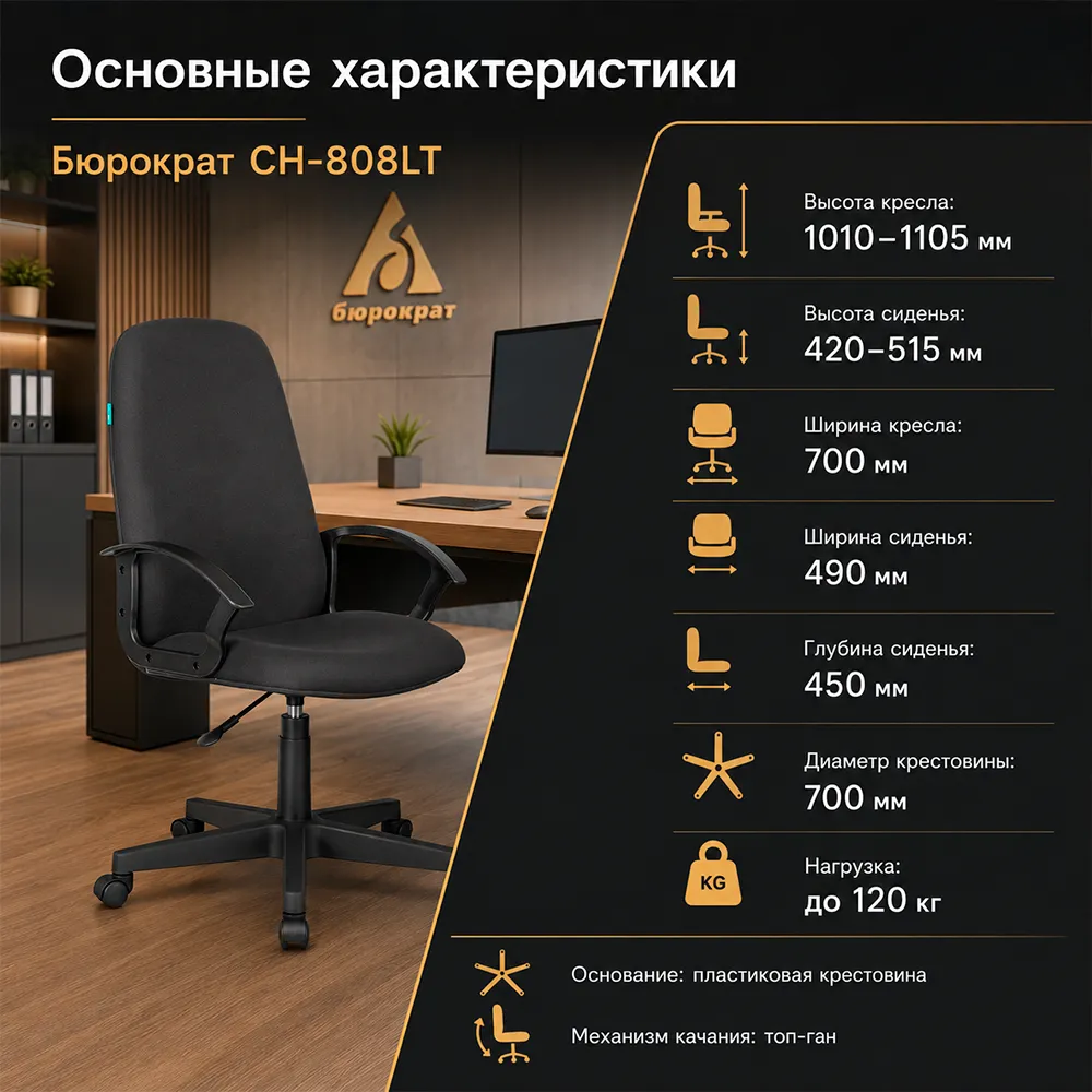Кресло компьютерное Бюрократ CH-808LT черный 3C11 крестов. пластик