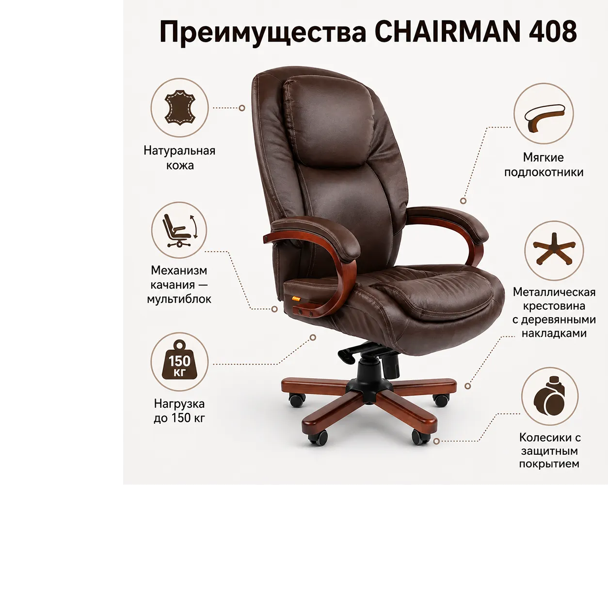 Кресло руководителя CHAIRMAN 408 кожа коричневая
