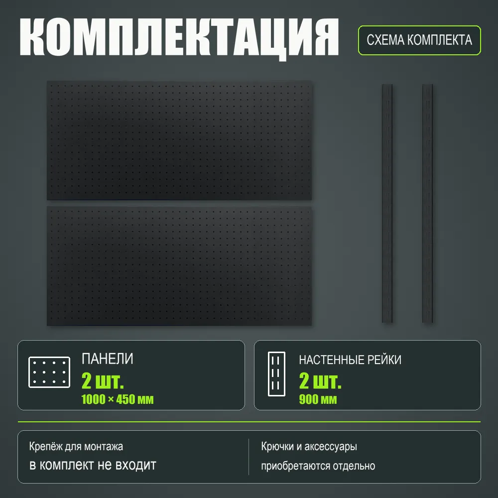 Набор перфопанелей с рейками 1000×900 h цвет RAL 9005 черный шагрень