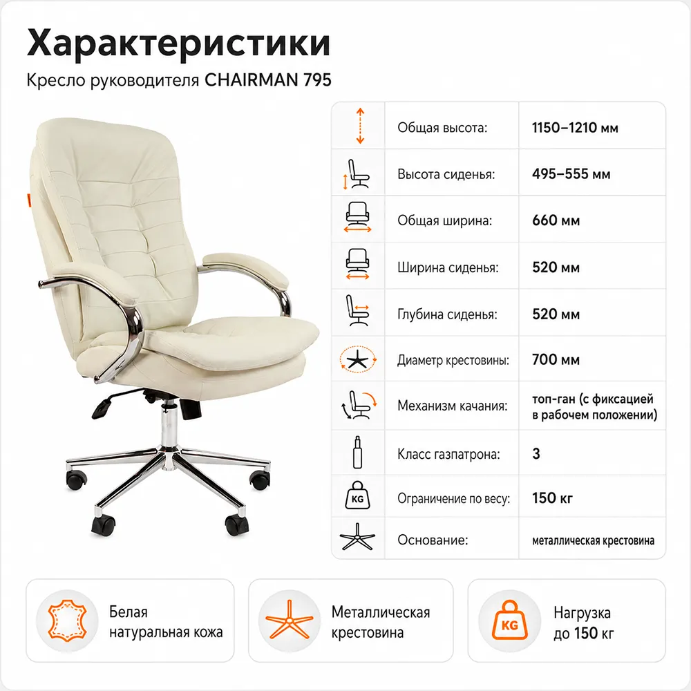 Кресло руководителя CHAIRMAN 795 кожа белая