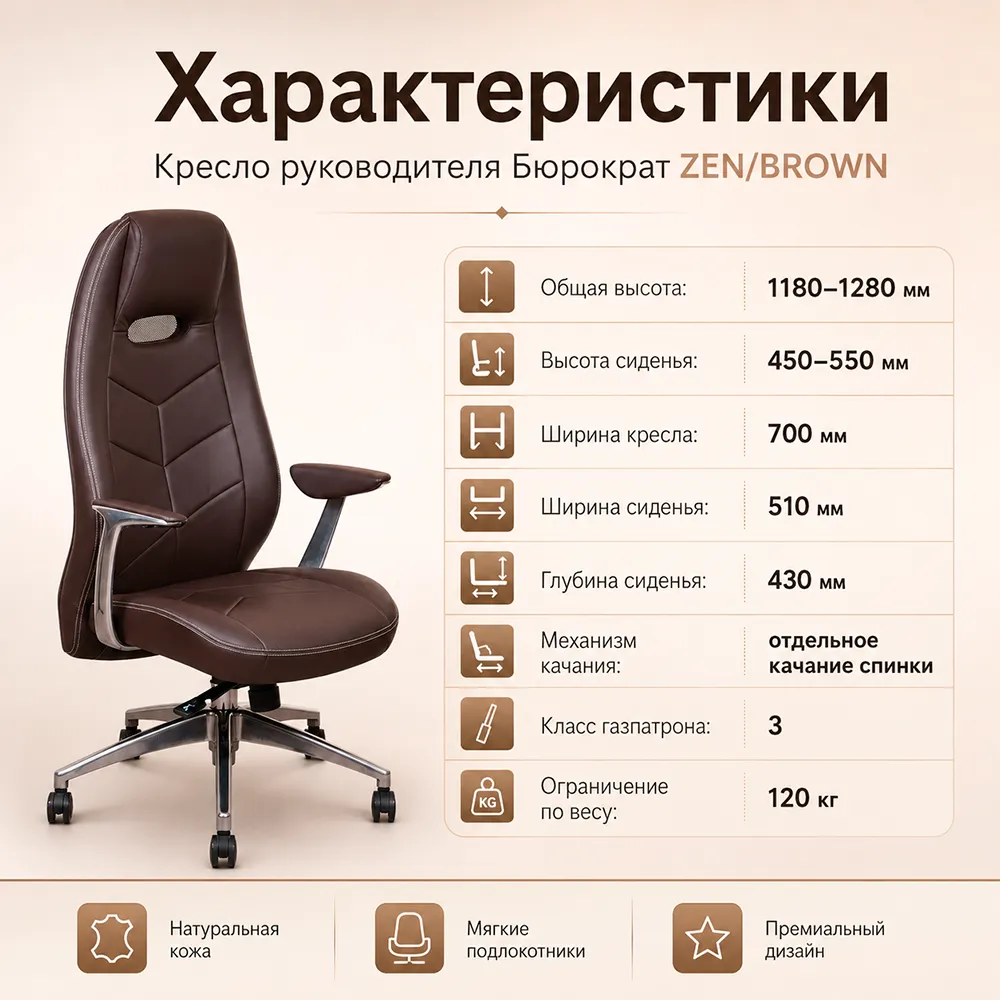 Кресло Бюрократ ZEN/BROWN коричневый кожа крестовина алюминий