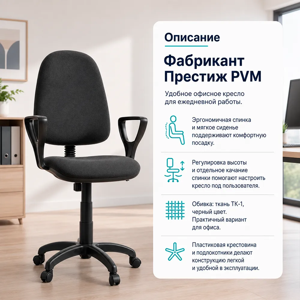 Кресло офисное Фабрикант Престиж PVM, ткань ТК-1 черный